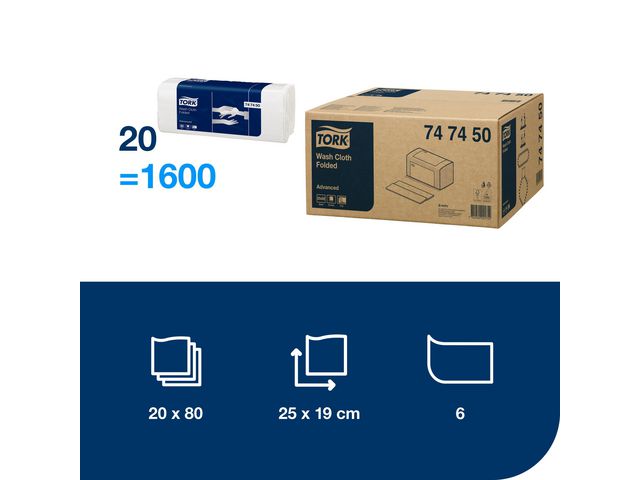 Tvättlapp TORK Adv 6-lag vit 1600/fp