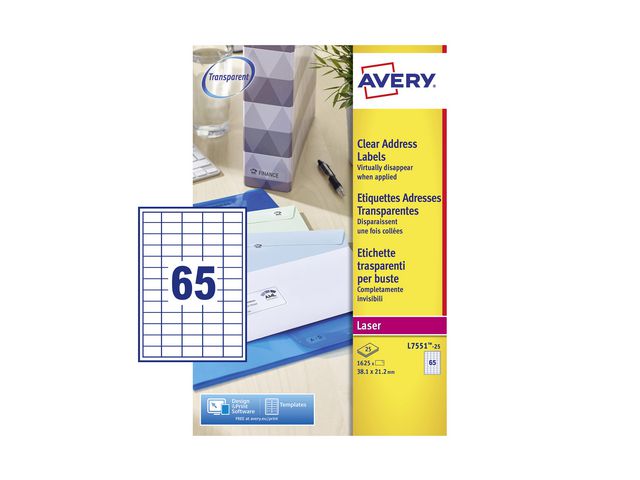 Etikett AVERY transp 38,1x21,2mm 1625/fp