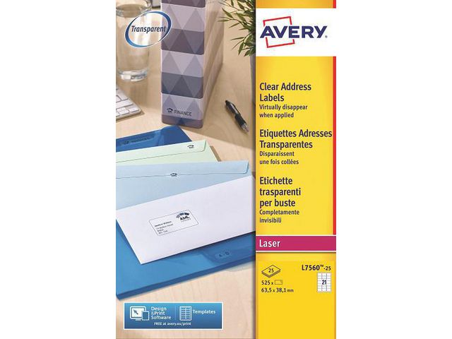 Etikett AVERY 63,5x38,1mm transp 525/fp