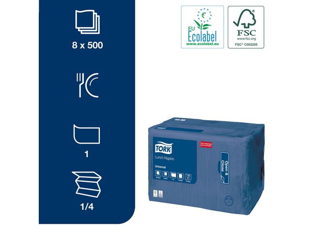 Servett TORK 1/4-vikt 1-lag m.blå 500/fp