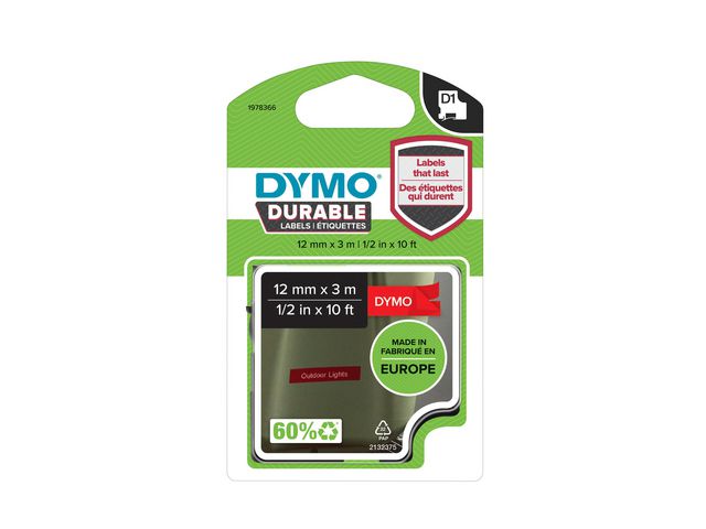 Tape DYMO Durable D1 12mm vit på röd