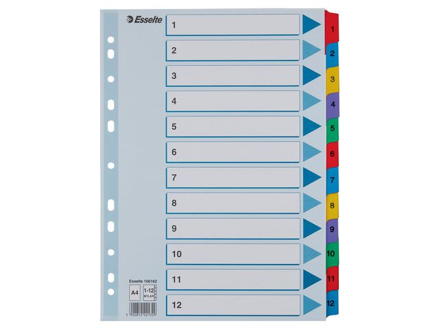 Kartongregister m. plastfl. A4 1-12 färg