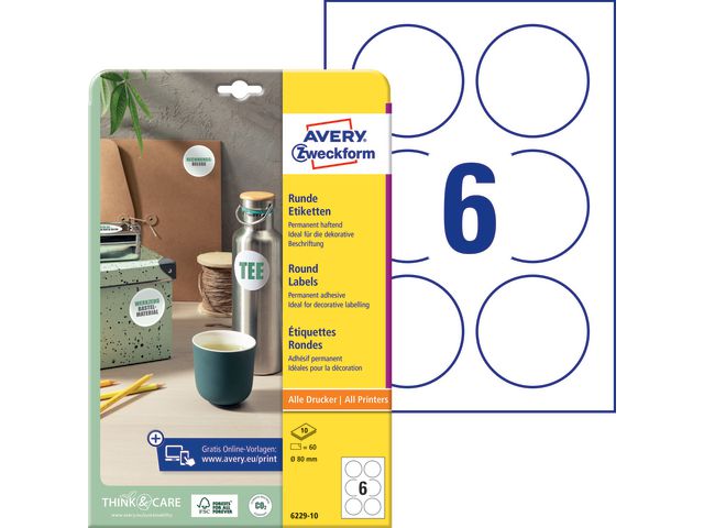 Etikett AVERY papper Ø80mm vit 60/fp
